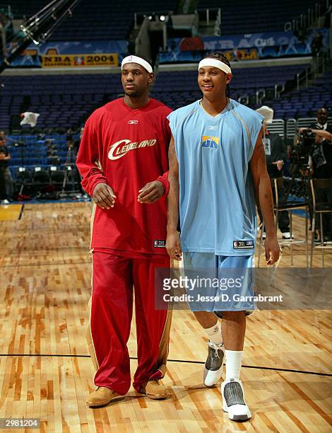LeBron James of the Cleveland Cavaliers and Carmelo Anthony of the Denver Nuggets prior to the 2004 Got Milk? Rookie Challenge at the Staples Center...