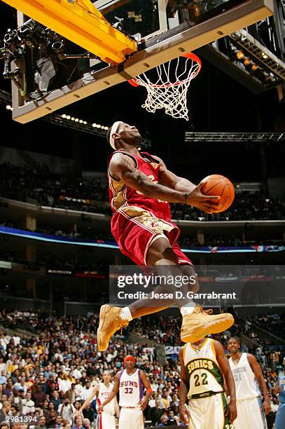 LeBron James of the Rookie Team dunks during the Got Milk? Rookie Game on February 13, 2004 at Staples Center in Los Angeles, California. NOTE TO...