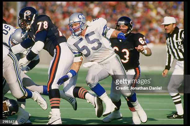 Linebacker Brian Bosworth of the Seattle Seahawks works against the Chicago Bears during a game at Soldier Field in Chicago, Illinois. The Seahawks...