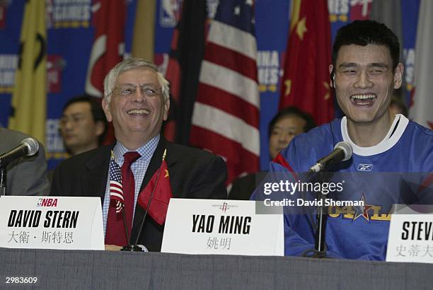 Commissioner David Stern and Yao Ming of the Houston Rockets laugh during a news conference for the NBA China Games, part of the 2004 Jam Session...