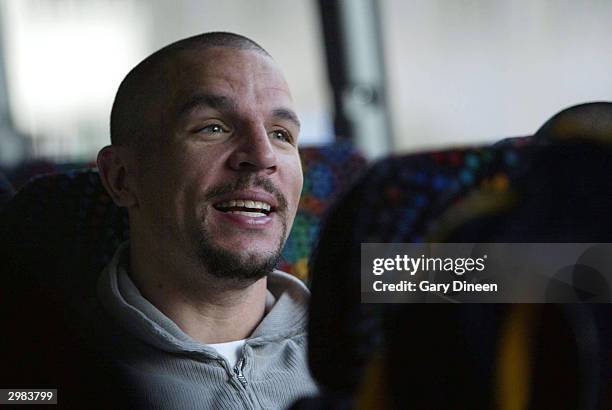 Eastern Conerence All-Star Jason Kidd of the New Jersey Nets rides the bus to the East's practice for the 2004 NBA All-Star game February 14, 2004 at...