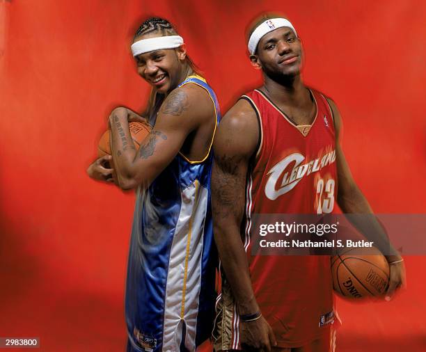 Carmelo Anthony of the Denver Nuggets and LeBron James of the Cleveland Cavaliers pose during All-Star Portraits on February 13, 2004 in Los Angeles,...