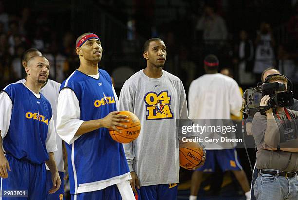 Eastern Conerence All-Stars Jason Kidd of the NJ Nets, Kenyon Martin of the NJ Nets and Tracy McGrady of the Orlando Magic during the East's practice...