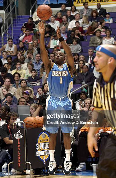 Voshon Lenard of the Denver Nuggets competes during the Foot Locker Three-Point Shootout, part of the 53rd NBA All-Star weekend at Staples Center on...