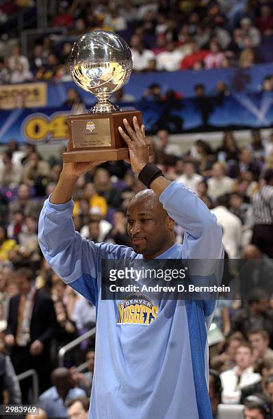 Voshon Lenard of the Denver Nuggets celebrates winning the Foot Locker Three-Point Shootout, part of the 53rd NBA All-Star weekend at Staples Center...