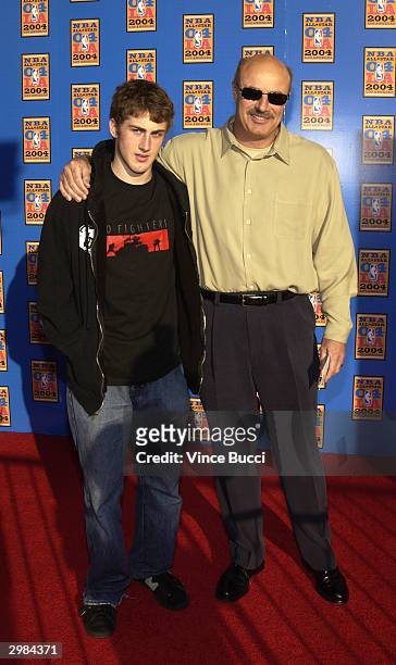 Television talk show host Dr. Phil McGraw and son Jordan attend the NBA All-Star Saturday Night festivities on February 14, 2004 at the Staples...