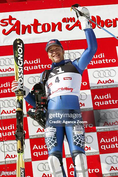 Bode Miller of the United States takes gold in the Men's Slalom at the FIS Alpine Ski World Cup 2004, held on February 15, 2004 in Saint Anton,...