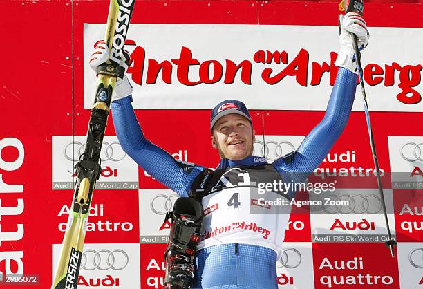 Bode Miller of the United States takes gold in the Men's Slalom at the FIS Alpine Ski World Cup 2004, held on February 15, 2004 in Saint Anton,...