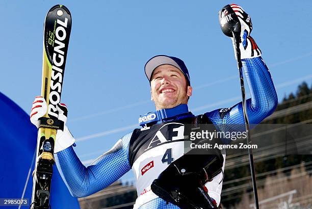 Bode Miller of the United States takes gold in the Men's Slalom at the FIS Alpine Ski World Cup 2004, held on February 15, 2004 in Saint Anton,...