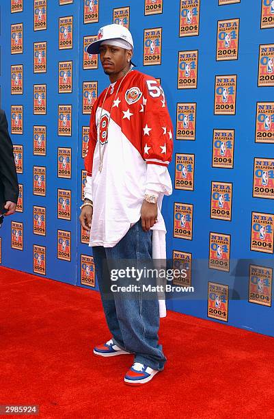 Allen Iverson of the Philadelphia 76ers arrives at the 2004 NBA All-Star Game on February 15, 2004 at the Staples Center in Los Angeles, California....