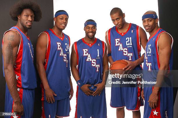 Eastern Conference All-Stars Ben Wallace of the Detroit Pistons, Paul Pierce of the Boston Celtics, Baron Davis of the New Orleans Hornets, Jamaal...