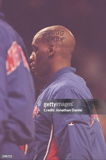 Forward Anthony Mason of the New York Knicks looks on during a playoff game against the Chicago Bulls at the United Center in Chicago, Illinois. The...