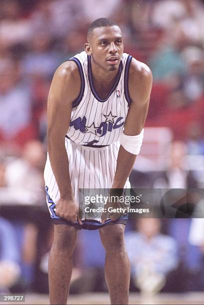 Guard Penny Hardaway of the Orlando Magic looks on during a game against the Chicago Bulls at the Orlando Arena in Orlando, Florida. The Magic won...