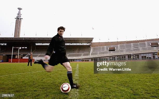 Mark Van Brommel, Dutch National team tests the speed of the new Nike Total 90 Aerow ball at Amsterdam's Olympic Stadium on February 16, 2004 in...