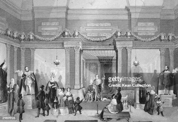 Engraved scene of people visiting and looking at statues in Madame Tussauds Wax museum on Baker Street, London, circa 1830s.