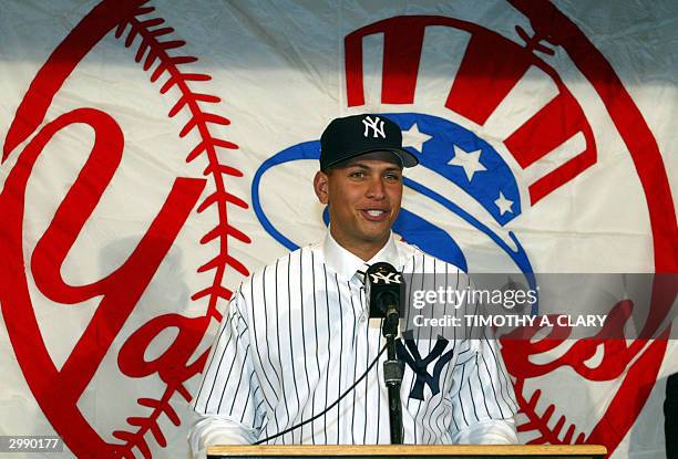 Alex Rodriguez speaks to the media during a press conference at Yankee Staduim 17 February to formally announce him to the team. Rodriguez, a...