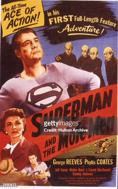 Movie poster for the film 'Superman and the Mole Men' with American actors George Reeves and Phyllis Coates, directed by Leem Sholem, 1951.