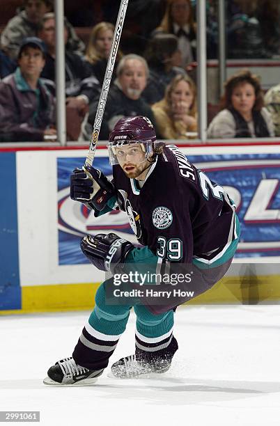 Petr Sykora of the Mighty Ducks of Anaheim pursues the play in the offensive zone against the Columbus Blue Jackets during the game on January 11,...