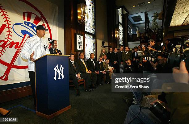 Alex Rodriguez speaks at a press conference that announced Rodriguez as the newest New York Yankee on February 17, 2004 at Yankee Stadium in the...