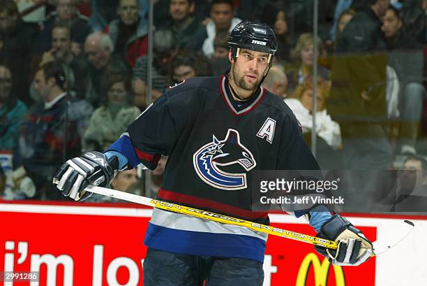 Todd Bertuzzi of the Vancouver Canucks on the ice during the game against the Dallas Stars at General Motors Place on January 19, 2004 in Vancouver,...