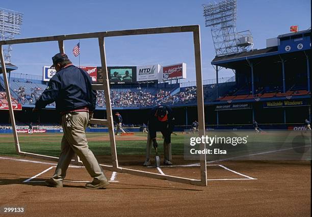 General view of chalk lines during a game between the Detroit Tigers and the Tampa Bay Devil Rays at Tiger Stadium in Detroit, Michigan. The Tigers...