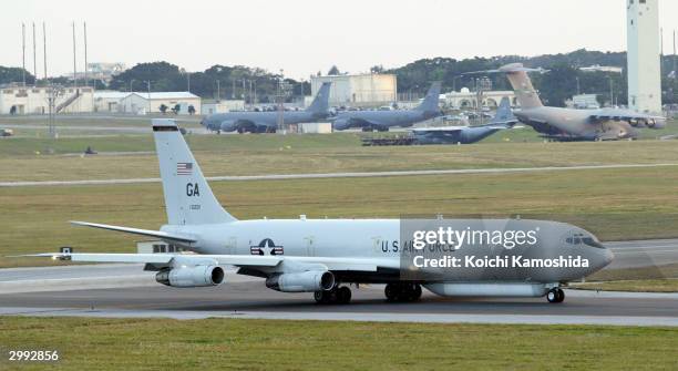 The E-8, Joint Surveillance Target Attack Radar System , lands at Kadena U.S. Air Force Base on February 18, 2004 in Kadena, Japan. The E8 came to...