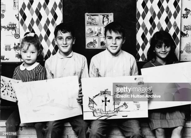 Portrait of British-born actor Elizabeth Taylor's children; Maria Burton, Christopher Wilding, Michael Wilding, and Elizabeth Todd , October 13,...