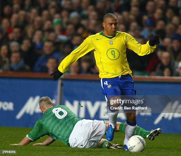 Ronaldo of Brazil goes past Graham Kavangh of the Republic of Ireland during the International Friendly match between Republic of Ireland and Brazil...