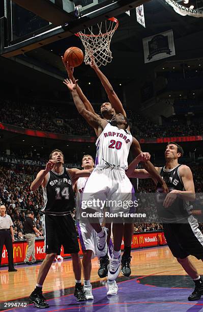 Tim Duncan of the San Antonio Spurs grabs the defensive rebound over Alvin Williams of the Toronto Raptors on February 18, 2004 at the Air Canada...