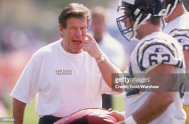 San Diego Chargers coach Joe Bugel looks on during Mini-Camp at the Chargers training facility in San Diego, California. Mandatory Credit: Todd...