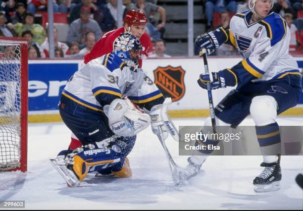 Goaltender Grant Fuhr and defenseman Chris Pronger of the St. Louis Blues in action during a game against the Detroit Red Wings at Joe Louis Arena in...