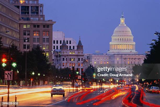 usa, washington dc, pennsylvania avenue and capitol building - capitol building washington dc night stock pictures, royalty-free photos & images