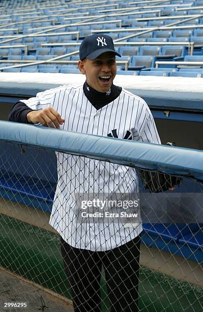 Alex Rodriguez poses in Yankee Stadium the day he was introduced as a member of the New York Yankees on February 17, 2004 in the Bronx, New York.