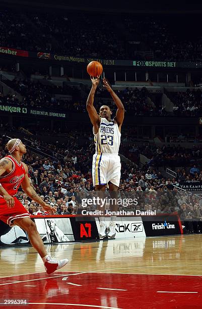 Ron Artest of the Indiana Pacers shoots a jumper during the game against the Chicago Bulls at the United Center on February 10, 2004 in Chicago,...