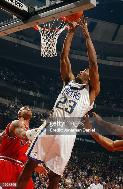 Ron Artest of the Indiana Pacers shoots a layup in front of Marcus Fizer of the Chicago Bulls during the game at the United Center on February 10,...