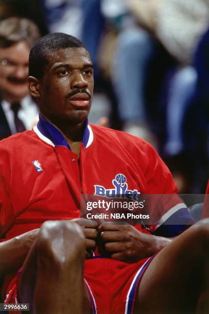 Bernard King # of the Washington Bullets sits on the bench during the game against the Milwaukee Bucks circa 1991 at the Bradley Center in Milwaukee,...