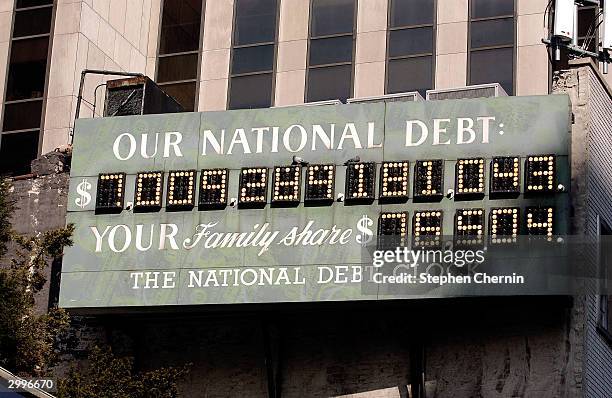 The National Debt Clock is seen February 19, 2004 in New York City. According to a Treasury Department report, the U.S. Governments national debt,...