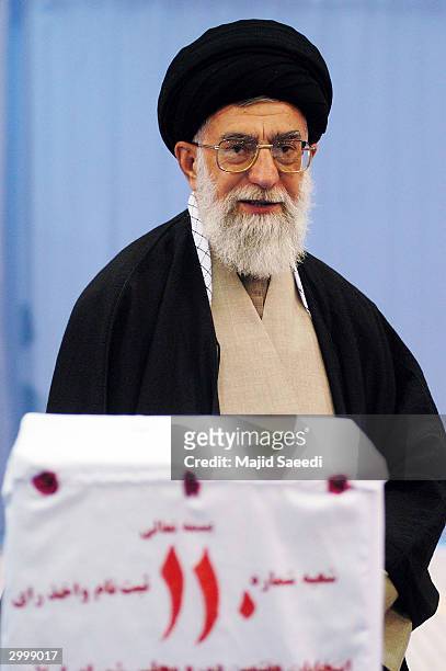 Iran's supreme leader Ayatollah Ali Khamenei casts his vote, February 20 in Tehran, Iran. Polling stations across Iran opened for parliamentary...