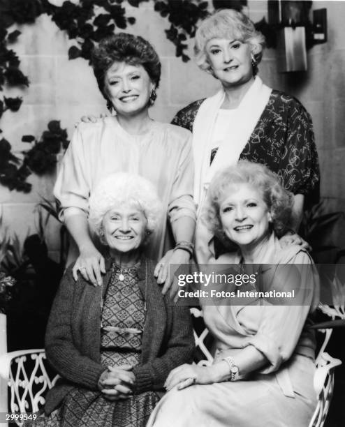 Promotional portrait of the cast of the TV series, 'The Golden Girls,' 1980s. CW, from top left: Rue McClanahan, Bea Arthur, Betty White, and Estelle...