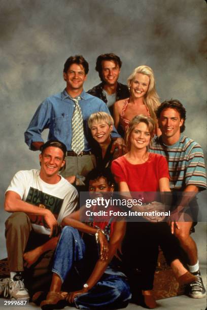 Promotional portrait of the cast of the TV series, 'Melrose Place,' circa 1992. CW, L-R: Thomas Calabro, Josie Bissett, Grant Show, Amy Locane,Andrew...
