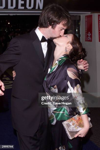 American actress Drew Barrymore and her boyfriend American comedian Tom Green attend the film premiere party for "Charlie's Angels" held at the Red...