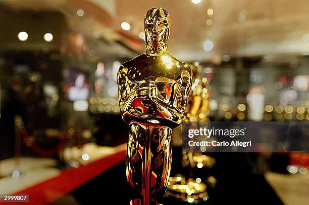 Display case is seen full of Oscar statues February 20, 2004 in Hollywood, California. These are the Oscar statuettes that will be handed out on...