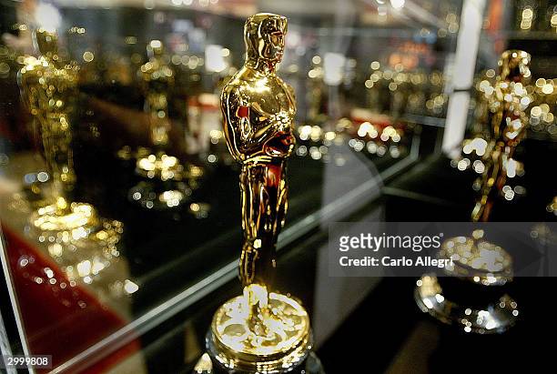 Display case is seen full of Oscar statues February 20, 2004 in Hollywood, California. These are the Oscar statuettes that will be handed out on...