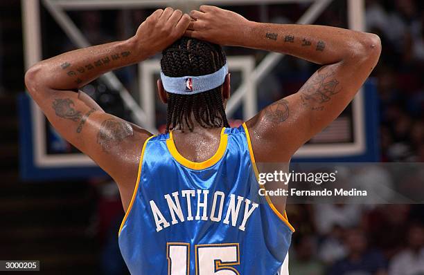 Carmelo Anthony of the Denver Nuggets during a game against the Orlando Magic at TD Waterhouse Centre on February 20, 2004 in Orlando, Florida. The...