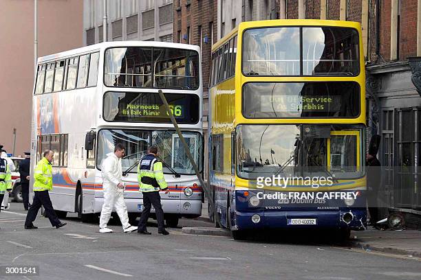 The scene of the bus accident in the centre of Dublin where five people were killed and seven seroiusly injured 21 February 2004. The bus mounted the...
