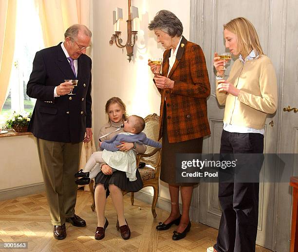 King Albert, Princess Laetitia-Maria, Princess Louisa-Maria and Arch-duchess Margherita d'Autriche-Est attend a photocall to celebrate Prince...