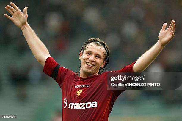 Roma's striker Antonio Cassano celebrates after scores his third goal against Siena during their Serie A soccer match at Olympic stadium in Rome 22...