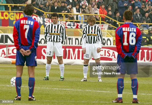 One Minute of silence is observed in memory of the footballer John Charles before the Serie A match between Bologna and Juventus on February 22 in...