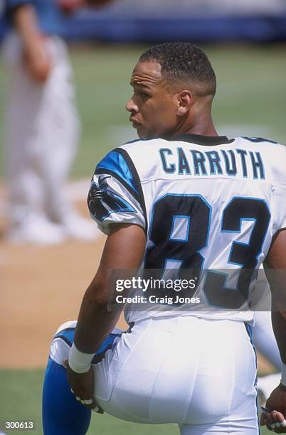 Rae Carruth of the Carolina Panthers looks on from the sidelines during a game against the San Diego Chargers on September 14, 1997 at Qualcomm...
