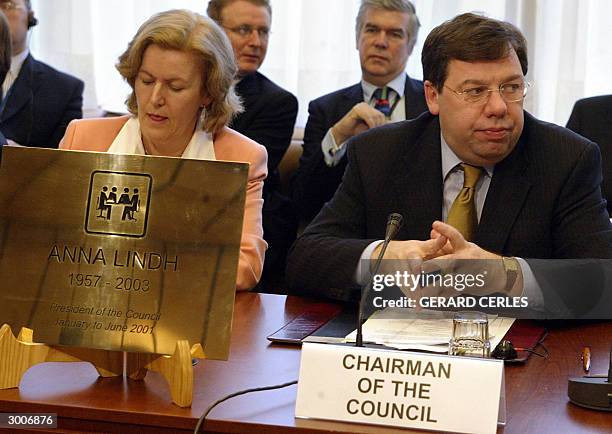 Irish Foreign Minister, current chairman of the Council, Brian Cowen opens the second working session of the day after revealing 23 February 2004 in...